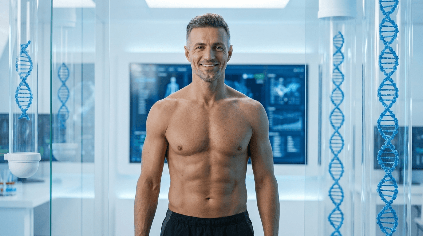 Athletic man in his 40s with lean muscular physique surrounded by glowing bioluminescent peptide molecular structures in a professional research laboratory — best peptides for men hormone optimization 2026