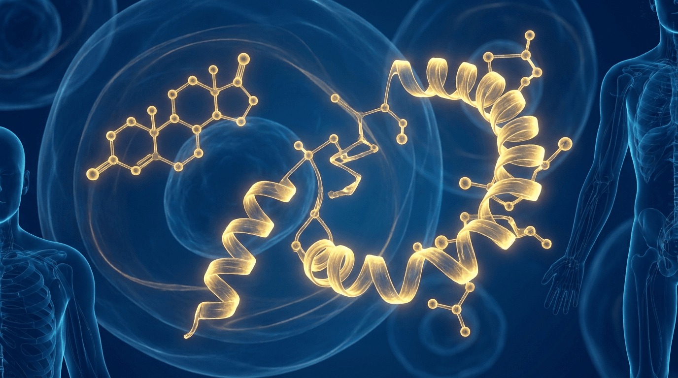 Scientific 3D visualization of testosterone and growth hormone peptide molecular structures with glowing golden bonds — HPG axis hormonal cascade visualization for male health research, kisspeptin GnRH LH testosterone pathway