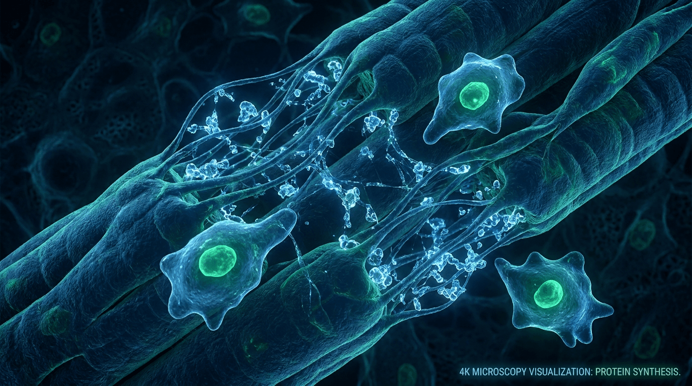 Macro scientific microscopy visualization of skeletal muscle fibers being rebuilt with glowing blue bioluminescent peptide molecules — muscle protein synthesis at cellular level, IGF-1 mTOR anabolic pathway TB-500 research