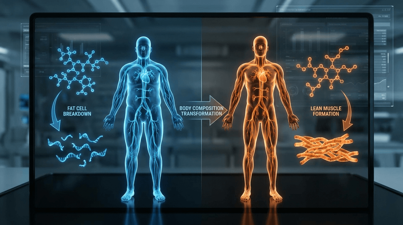 Scientific visualization of athletic male body silhouette with glowing metabolic pathways showing fat cell breakdown and lean muscle formation — body composition transformation peptide research, GLP-1 semaglutide GH lipolysis mechanism